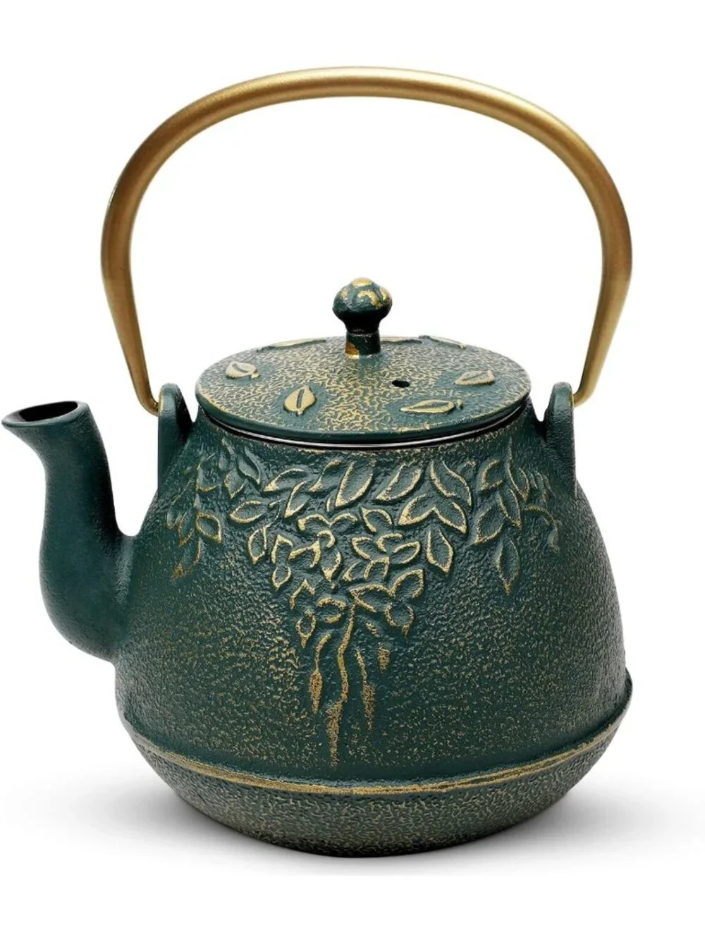 Japanese Cast Iron Teapot with Infuser, 40oz Stovetop Safe, Leaf Design, Dark
